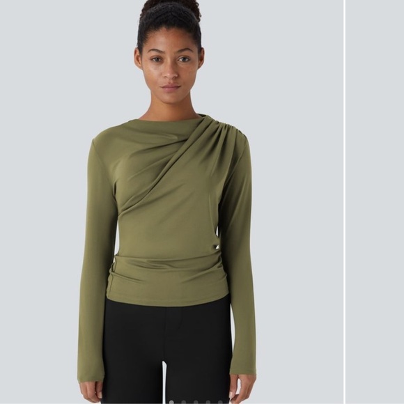 NWT Halara Cowl Neck Ruched Long Sleeve Slim Work Top shirt capulet olive green - Picture 1 of 10